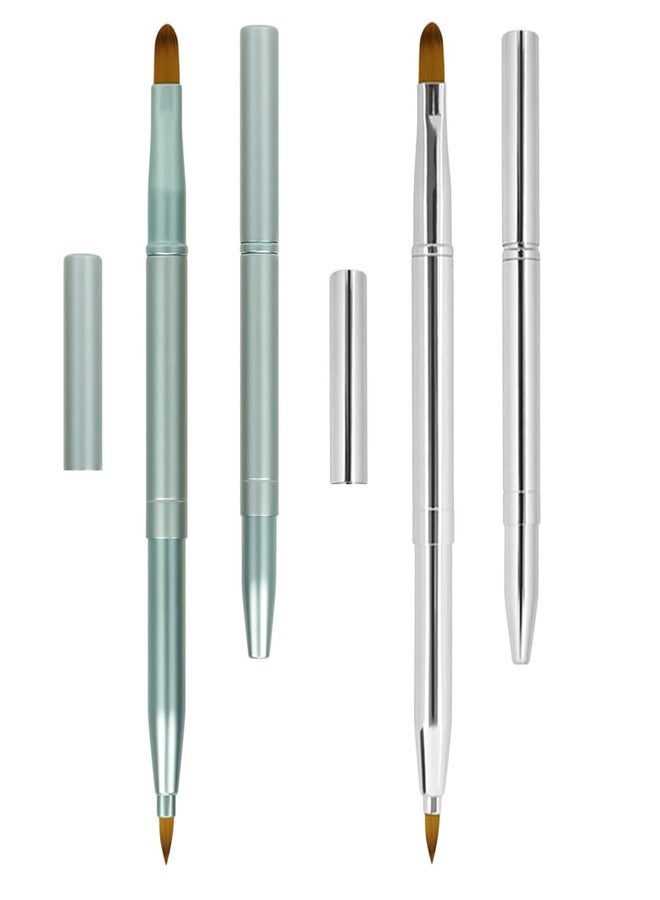 DSADKI Pack of 2 Lip Brush for Lipstick, Retractable Lip Brushes, Lipstick Liner Brush Retractable with Cap, Dual-ended Foundation Makeup Brush Tool For Women (Silver and Green) - Image 1