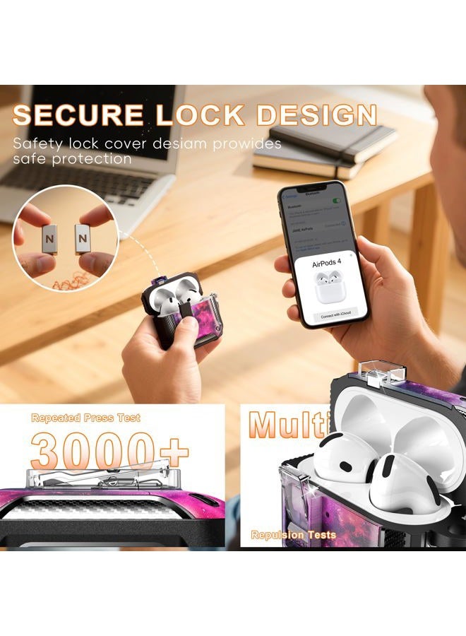 R-fun for AirPods 4 Case with Cleaning Kit,Carbon Fiber Elements Military Drop Proof Auto Pop up Cover, Phone Stand and Magnetic Base with Carabiner Hook Compatible with AirPods 4th Gen 2024,Starry - Image 5