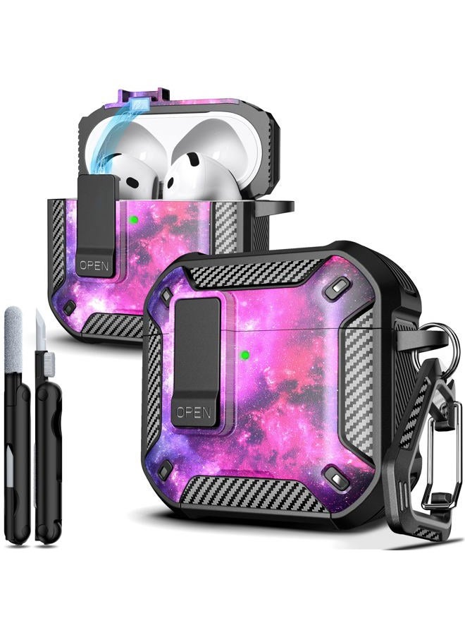 R-fun for AirPods 4 Case with Cleaning Kit,Carbon Fiber Elements Military Drop Proof Auto Pop up Cover, Phone Stand and Magnetic Base with Carabiner Hook Compatible with AirPods 4th Gen 2024,Starry - Image 1