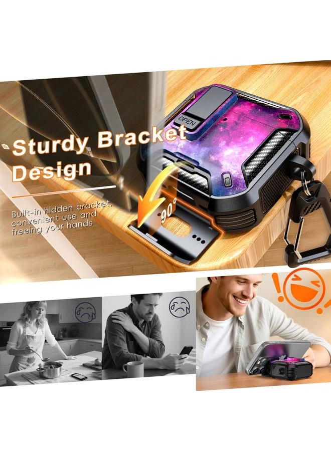 R-fun for AirPods 4 Case with Cleaning Kit,Carbon Fiber Elements Military Drop Proof Auto Pop up Cover, Phone Stand and Magnetic Base with Carabiner Hook Compatible with AirPods 4th Gen 2024,Starry - Image 3