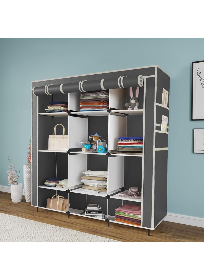 Whitecloud TRANSFORMING HOMES Whitecloud TRANSFORMING HOMES 12 Shelves Collapsible Foldable Wardrobe Storage Organizer Shelves for Clothes Racks Fabric Almirah Non Rustable Iron 88250 Grey  - Image 1