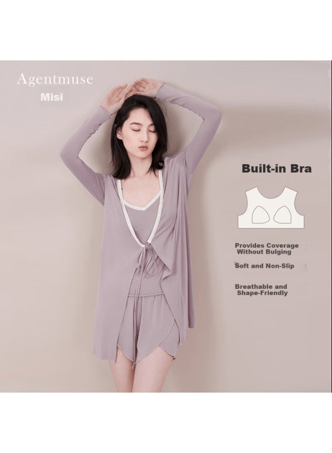 Agentmuse Women's Modal Bare-feel Sleepwear Set With Padded Camisole And Shorts, 3-piece, Vintage Style, Light Purple, Size S, Model 659t - Image 1