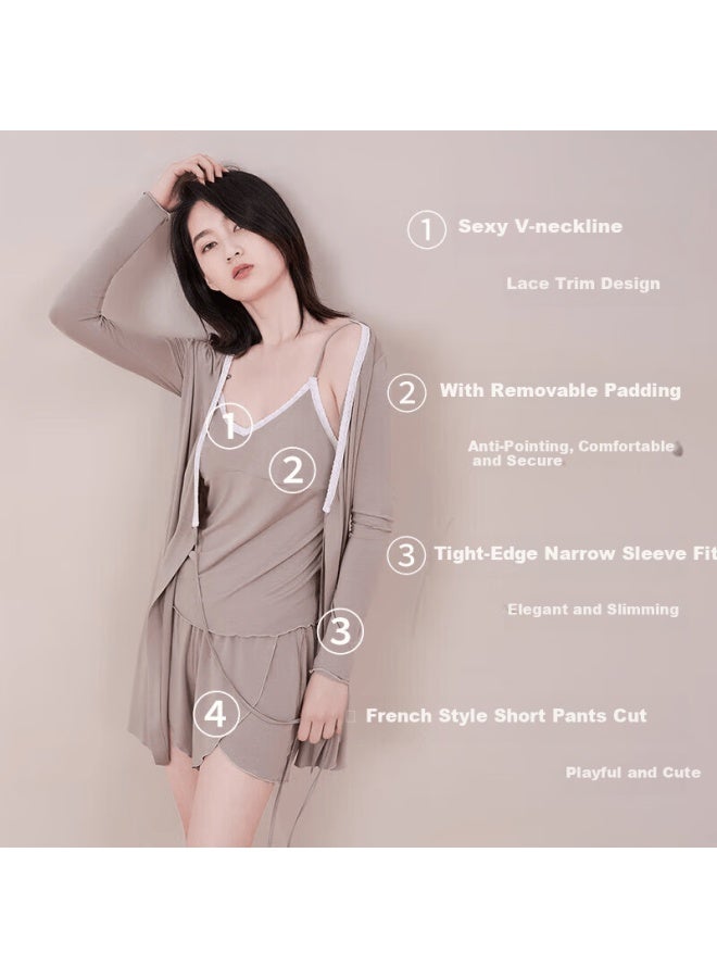 Agentmuse Women's Modal Bare-feel Sleepwear Set With Padded Camisole And Shorts, 3-piece, Vintage Style, Light Purple, Size S, Model 659t - Image 3