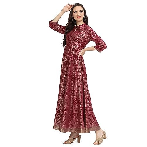 BIBA Women Printed Ankle Length Flared Mix & Match (Festive 2056_Wine_40, Casual Dress) - Image 2