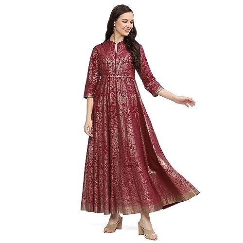 BIBA Women Printed Ankle Length Flared Mix & Match (Festive 2056_Wine_40, Casual Dress) - Image 1