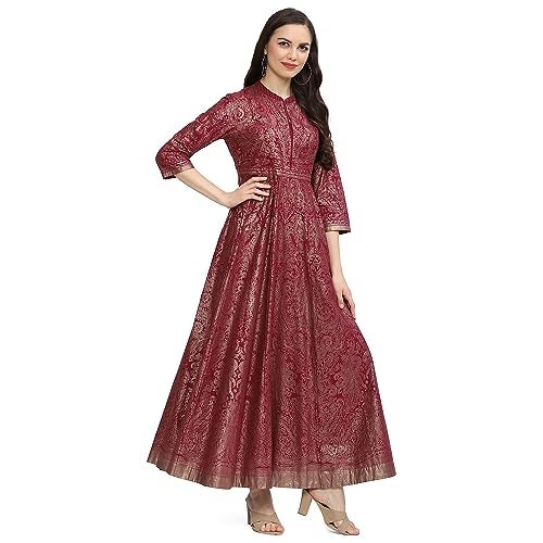 BIBA Women Printed Ankle Length Flared Mix & Match (Festive 2056_Wine_40, Casual Dress) - Image 3