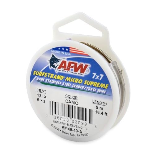 AFW American Fishing Wire Surfstrand Micro Supreme, Bare 7x7 Stainless Steel Leader Wire, 13 lb Test, 0.009" Diameter, Camo, 5m - Image 1