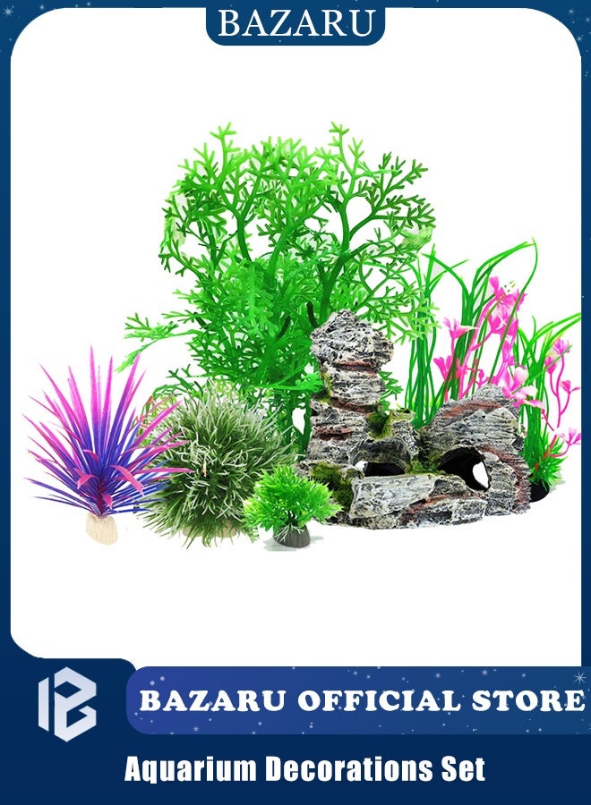 BAZARU Aquarium Decorations Set - Artificial Plants & Resin Cave Rock for Freshwater/Saltwater Tanks, Non-Toxic Fish Tank Accessories with Stable Base & Natural Hideouts (7 Pcs Set) - Image 1