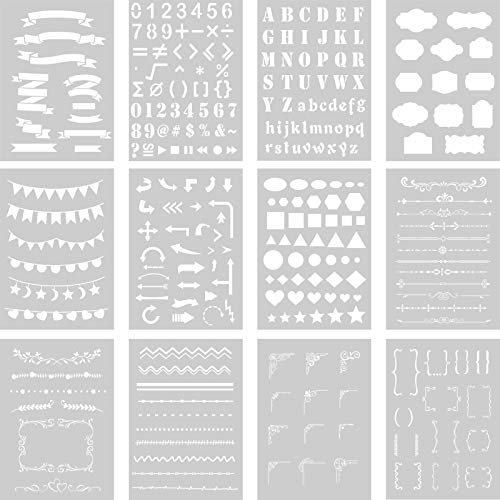 Tenare 12 Pieces Journal Stencil Plastic Planner Set for Journal Notebook Diary Scrapbook DIY Drawing Stencils Template Wood Floors Paper Door Wall Sign, Journal Style - Image 1
