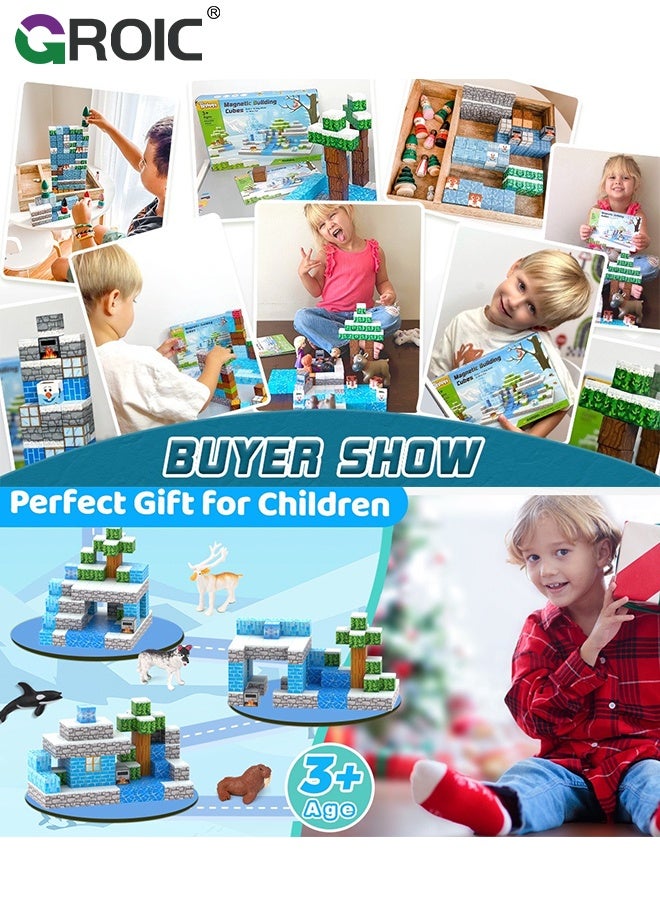GROIC 144 Pcs Magnetic Building Blocks, Magnetic Blocks Build Ice Castle, Kids Magnetic Cubes Tiles Montessori Sensory Travel Magnet Toys Games STEM Sensory Toys Birthday Party Toddler Gifts - Image 3