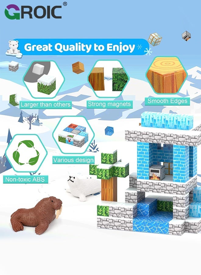 GROIC 144 Pcs Magnetic Building Blocks, Magnetic Blocks Build Ice Castle, Kids Magnetic Cubes Tiles Montessori Sensory Travel Magnet Toys Games STEM Sensory Toys Birthday Party Toddler Gifts - Image 4