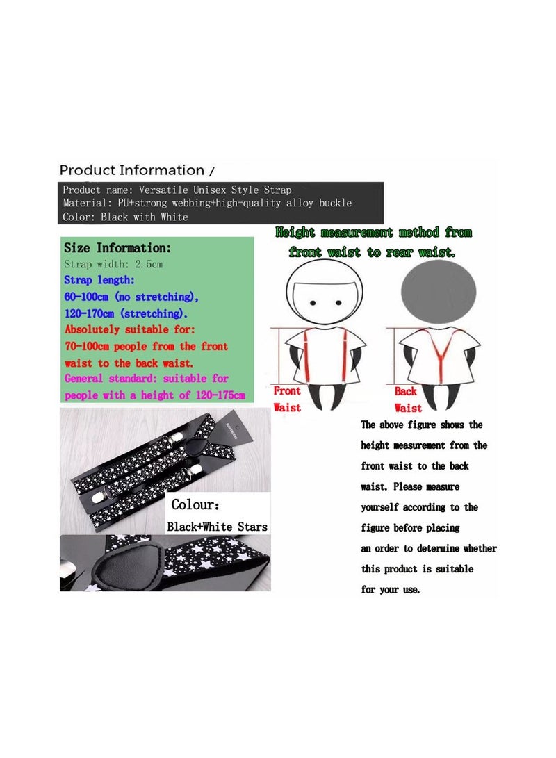 1-Piece 2.5CM Width Adjustable Elastic Y Style Suspenders,Unisex Braces for Men and Women With Strong Metal Clips,Colour Black and White Stars - Image 2