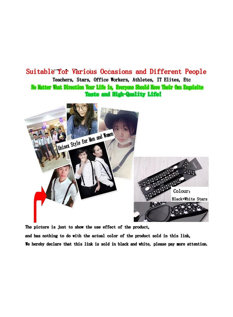 1-Piece 2.5CM Width Adjustable Elastic Y Style Suspenders,Unisex Braces for Men and Women With Strong Metal Clips,Colour Black and White Stars - Image 4