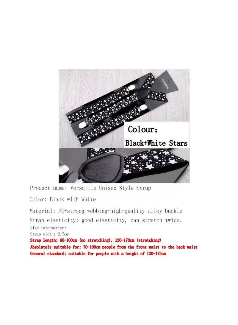 1-Piece 2.5CM Width Adjustable Elastic Y Style Suspenders,Unisex Braces for Men and Women With Strong Metal Clips,Colour Black and White Stars - Image 1