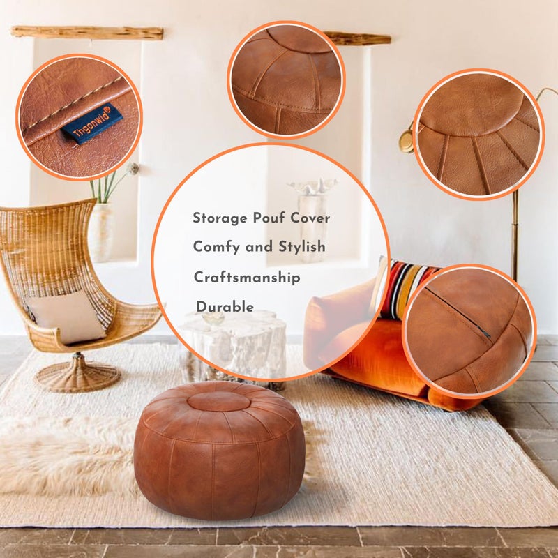 Thgonwid Unstuffed Moroccan Storage Pouf Foot Stool Ottoman Seat Handmade Faux Leather Bean Bag Floor Chair Foot Rest for Living Room, Bedroom or Balcony (Light Brown) - Image 5