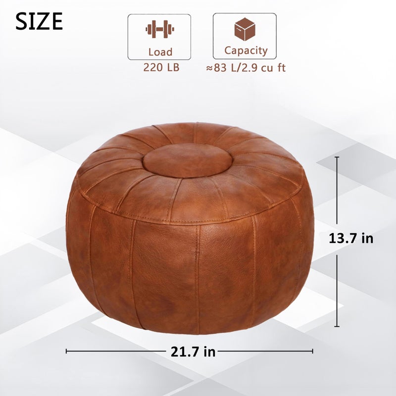 Thgonwid Unstuffed Moroccan Storage Pouf Foot Stool Ottoman Seat Handmade Faux Leather Bean Bag Floor Chair Foot Rest for Living Room, Bedroom or Balcony (Light Brown) - Image 3