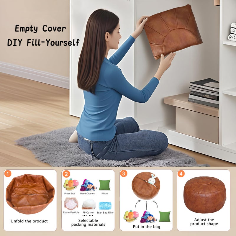 Thgonwid Unstuffed Moroccan Storage Pouf Foot Stool Ottoman Seat Handmade Faux Leather Bean Bag Floor Chair Foot Rest for Living Room, Bedroom or Balcony (Light Brown) - Image 4
