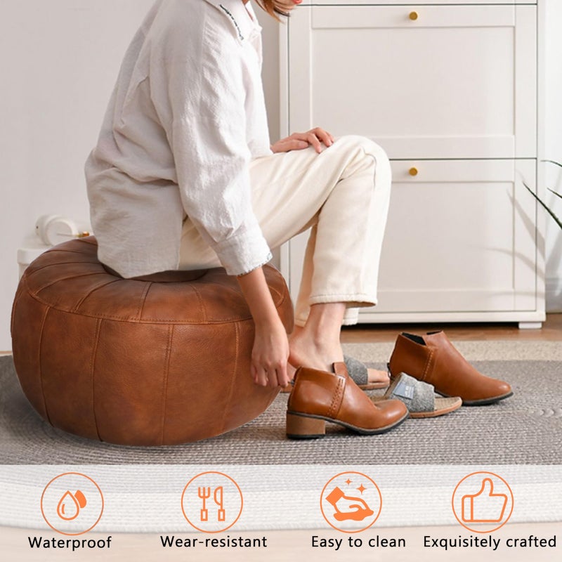 Thgonwid Unstuffed Moroccan Storage Pouf Foot Stool Ottoman Seat Handmade Faux Leather Bean Bag Floor Chair Foot Rest for Living Room, Bedroom or Balcony (Light Brown) - Image 2