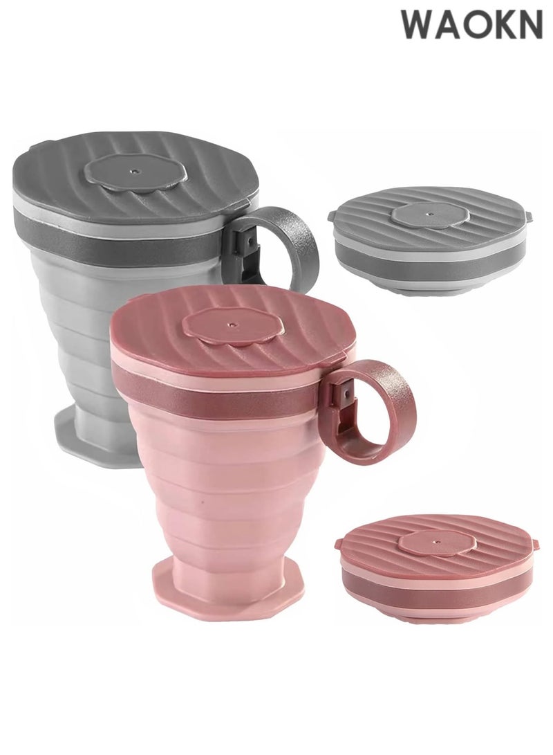 دبليو أيه أو كي أن زجاجتا مياه سيليكون قابلتان للطي - كوب سفر محمول قابل للطي مع غطاء مانع للتسرب - كوب قهوة بحجم الجيب قابل لإعادة الاستخدام للتخييم والمشي لمسافات طويلة وصالة الألعاب الرياضية والرياضات الخارجية (رمادي/وردي) - Image 1