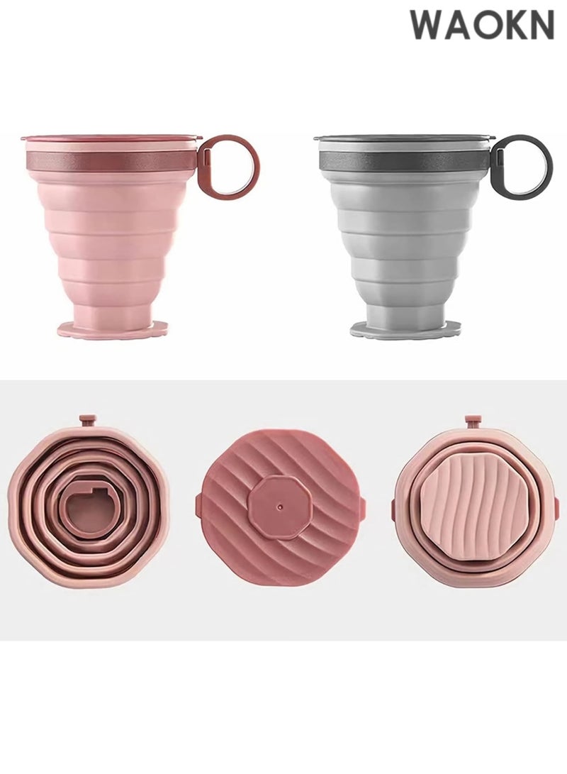 دبليو أيه أو كي أن زجاجتا مياه سيليكون قابلتان للطي - كوب سفر محمول قابل للطي مع غطاء مانع للتسرب - كوب قهوة بحجم الجيب قابل لإعادة الاستخدام للتخييم والمشي لمسافات طويلة وصالة الألعاب الرياضية والرياضات الخارجية (رمادي/وردي) - Image 2