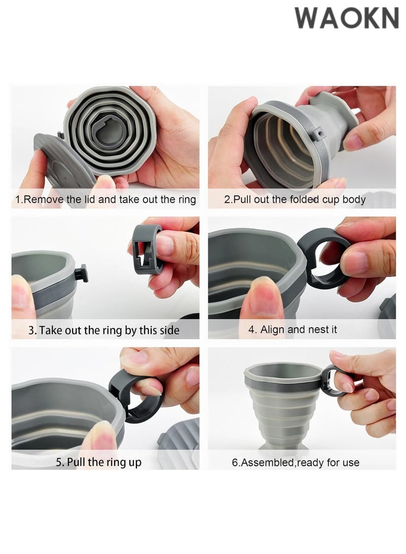 دبليو أيه أو كي أن زجاجتا مياه سيليكون قابلتان للطي - كوب سفر محمول قابل للطي مع غطاء مانع للتسرب - كوب قهوة بحجم الجيب قابل لإعادة الاستخدام للتخييم والمشي لمسافات طويلة وصالة الألعاب الرياضية والرياضات الخارجية (رمادي/وردي) - Image 4