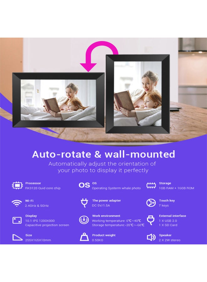 إطار صور Uhale Smart Cloud مقاس 10.1 بوصة، إطار صور رقمي، واي فاي، شاشة لمس للهاتف المحمول - اللون: أسود - Image 3