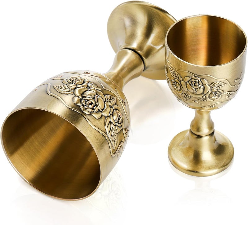DEAYOU 2 Pack Vintage Chalice Goblet, Flower Embossed Gold Communion Cup, Food Safe Sturdy Brass Shot Wine Glass for Liquor, Ritual, Buddha, Altar, Wedding, Blessing, Royal Medieval Decor, 5 OZ/1 OZ - Image 3