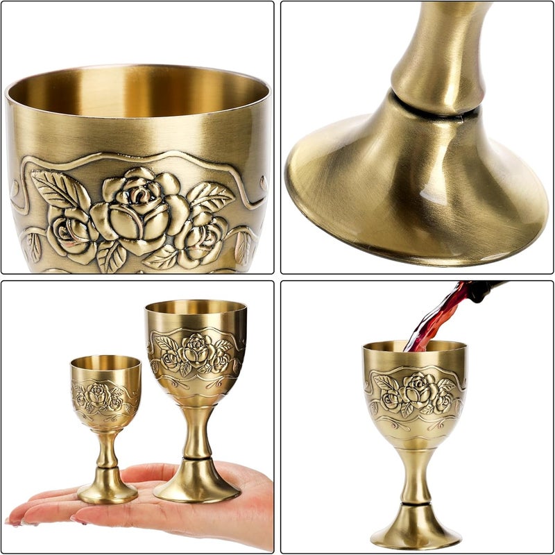 DEAYOU 2 Pack Vintage Chalice Goblet, Flower Embossed Gold Communion Cup, Food Safe Sturdy Brass Shot Wine Glass for Liquor, Ritual, Buddha, Altar, Wedding, Blessing, Royal Medieval Decor, 5 OZ/1 OZ - Image 4