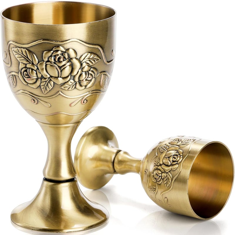 DEAYOU 2 Pack Vintage Chalice Goblet, Flower Embossed Gold Communion Cup, Food Safe Sturdy Brass Shot Wine Glass for Liquor, Ritual, Buddha, Altar, Wedding, Blessing, Royal Medieval Decor, 5 OZ/1 OZ - Image 1