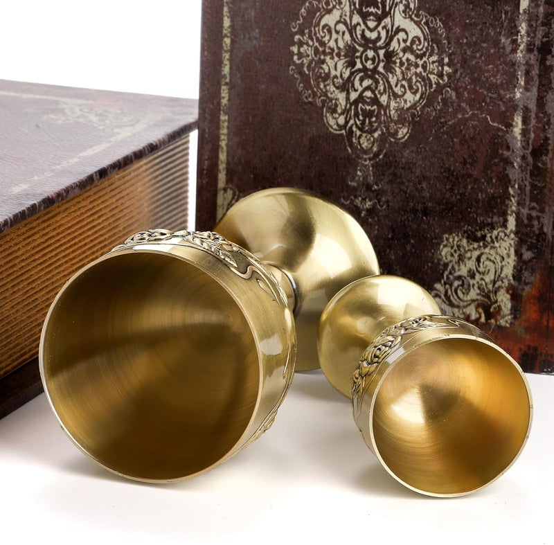 DEAYOU 2 Pack Vintage Chalice Goblet, Flower Embossed Gold Communion Cup, Food Safe Sturdy Brass Shot Wine Glass for Liquor, Ritual, Buddha, Altar, Wedding, Blessing, Royal Medieval Decor, 5 OZ/1 OZ - Image 5