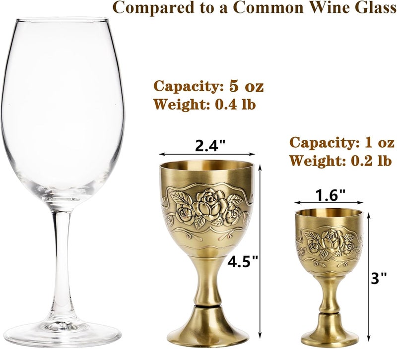 DEAYOU 2 Pack Vintage Chalice Goblet, Flower Embossed Gold Communion Cup, Food Safe Sturdy Brass Shot Wine Glass for Liquor, Ritual, Buddha, Altar, Wedding, Blessing, Royal Medieval Decor, 5 OZ/1 OZ - Image 2