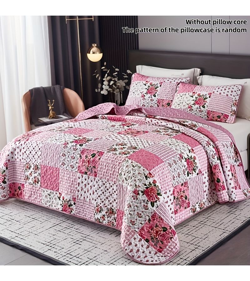 3pcs Bright Pink Full Queen Quilted Floral Patchwork Bedding Set Includes 1 Bed Cover And 2 Pillowcases Soft Breathable Machine Washable All Season Use Bedroom Dorm Decor - Image 1