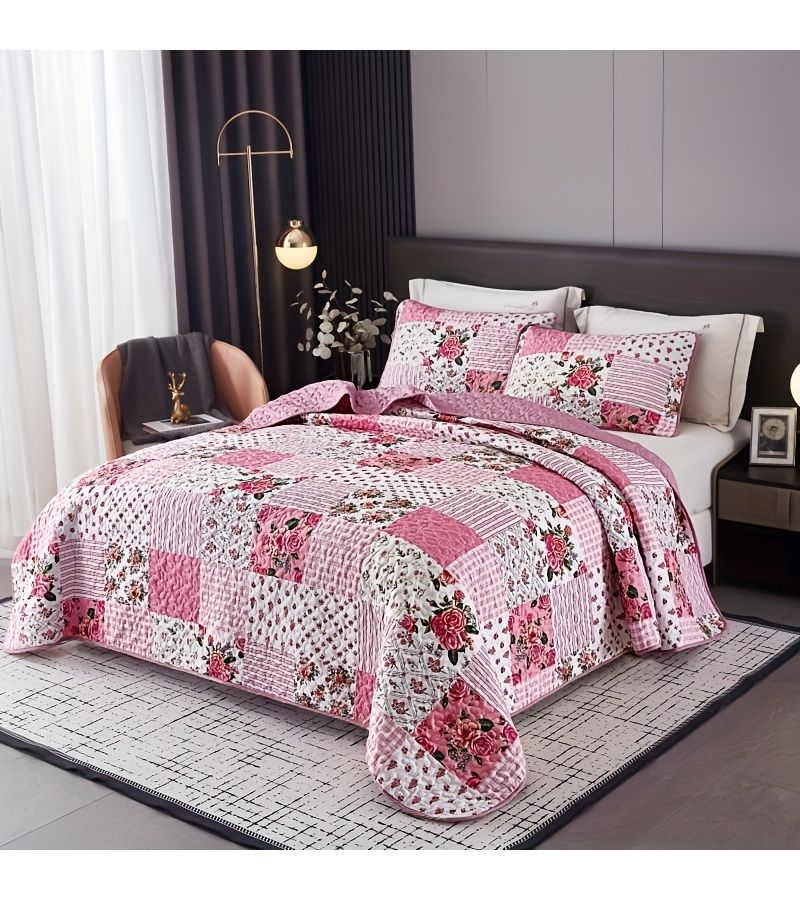 3pcs Bright Pink Full Queen Quilted Floral Patchwork Bedding Set Includes 1 Bed Cover And 2 Pillowcases Soft Breathable Machine Washable All Season Use Bedroom Dorm Decor - Image 2