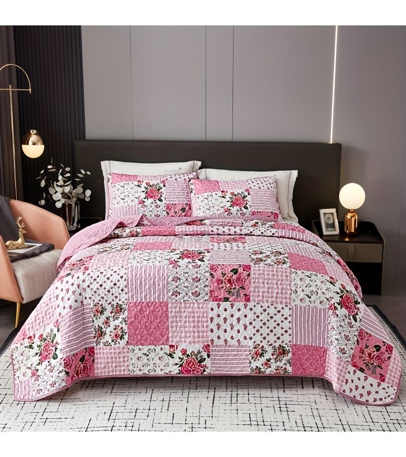 3pcs Bright Pink Full Queen Quilted Floral Patchwork Bedding Set Includes 1 Bed Cover And 2 Pillowcases Soft Breathable Machine Washable All Season Use Bedroom Dorm Decor - Image 4