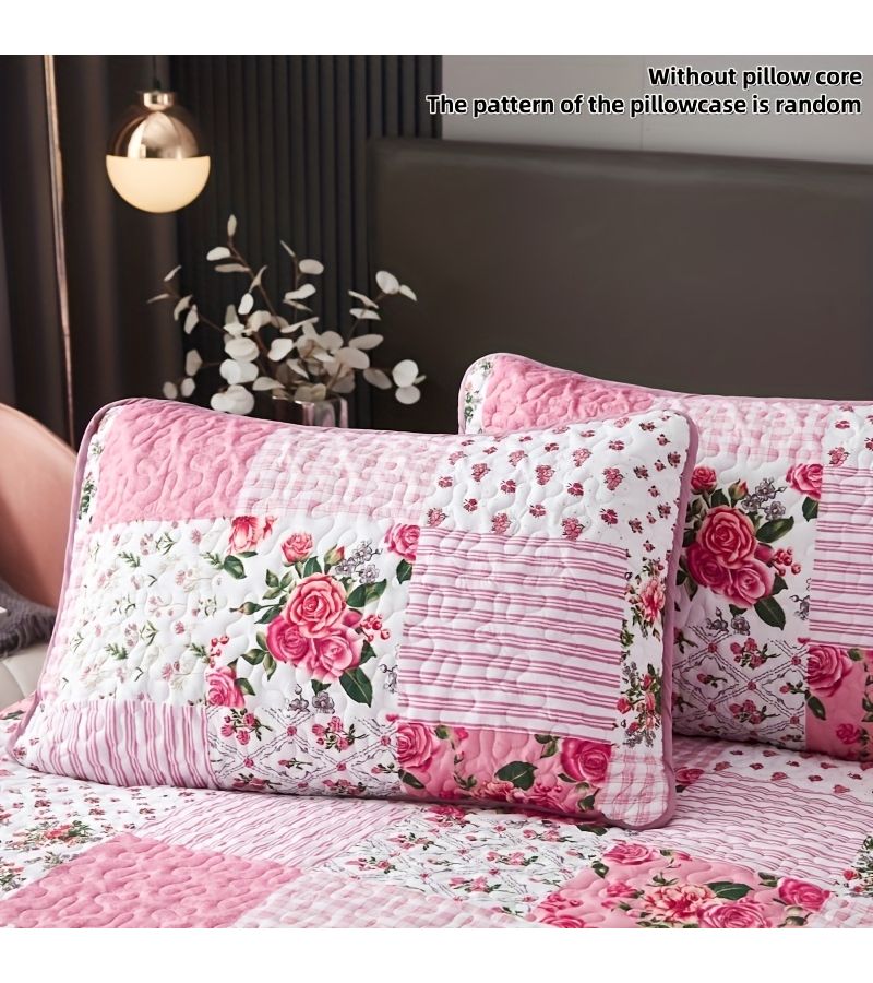 3pcs Bright Pink Full Queen Quilted Floral Patchwork Bedding Set Includes 1 Bed Cover And 2 Pillowcases Soft Breathable Machine Washable All Season Use Bedroom Dorm Decor - Image 5