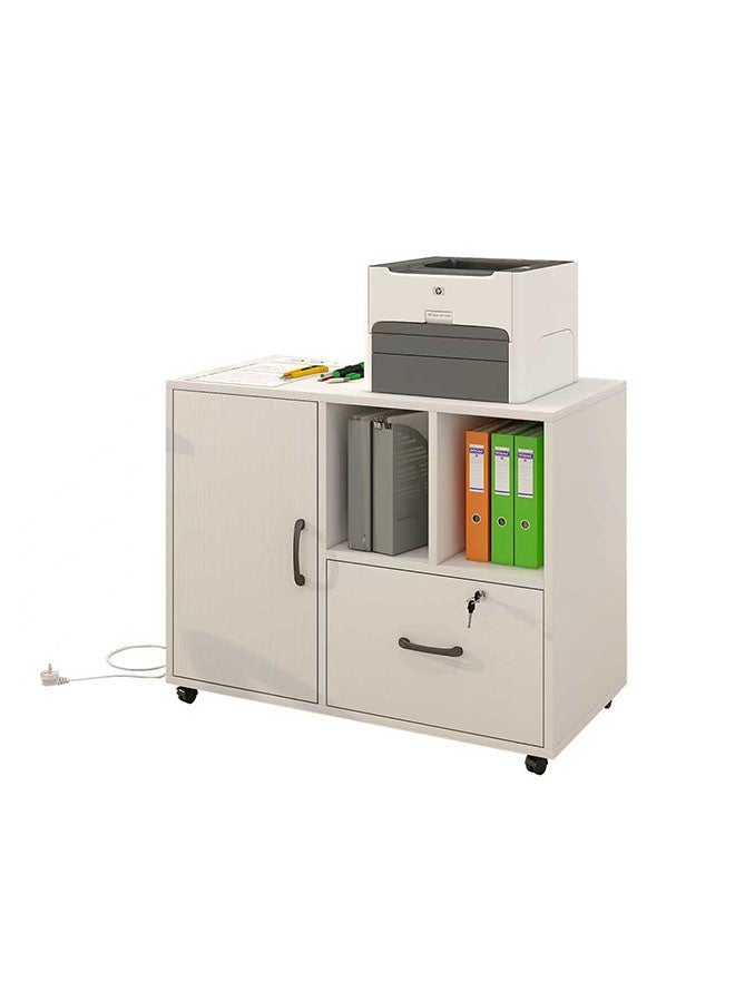 JCB CHIC Movable Filing Cabinet With 1 Drawer and 1 Door ，Wood Storage Cabinet With Charging Station，Floor Document Cabine Office Cabinet with Rolling Wheel Printer Stand and Open  Storage Shelves, for Home Office - Image 1