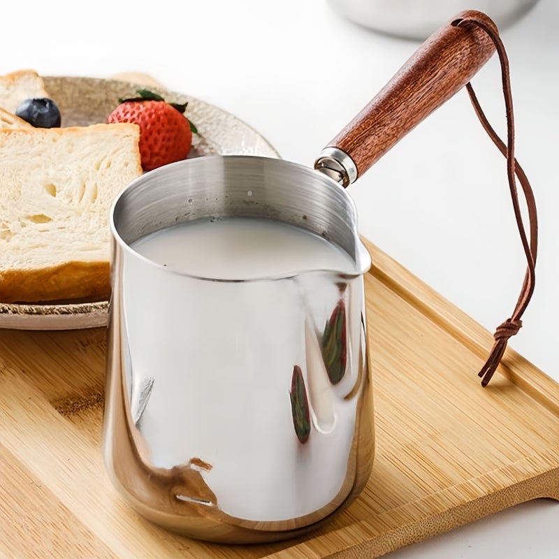 Stainless Steel Coffee Pot 600ml With Wooden Handle Milk Frothing Pitcher For Butter Warming Latte Art Espresso Pouring - Image 1