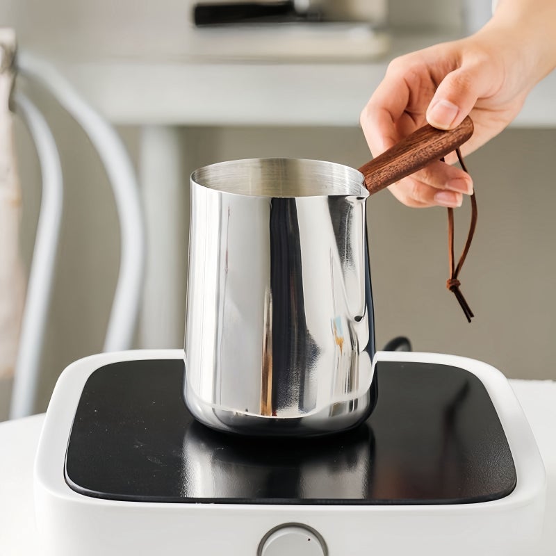 Stainless Steel Coffee Pot 600ml With Wooden Handle Milk Frothing Pitcher For Butter Warming Latte Art Espresso Pouring - Image 4