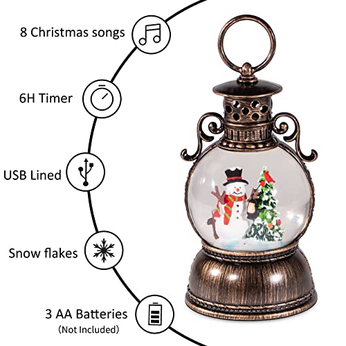 DGSCAK Christmas Snow Globes Lantern Musical,6H Timer Cylinder Glitter Snow Globe,Bronze Snow Globes Christmas with Music Box Including 8 Songs,Lantern with Xmas Tree Snowman Decor - Image 4