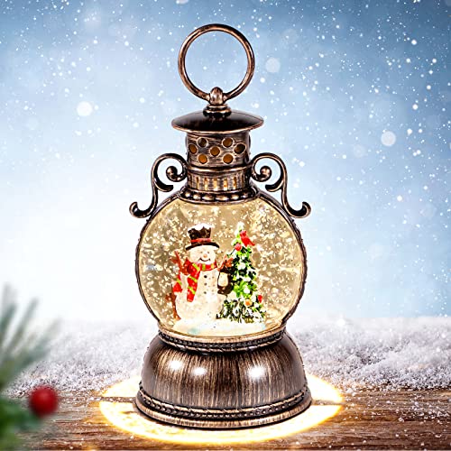 DGSCAK Christmas Snow Globes Lantern Musical,6H Timer Cylinder Glitter Snow Globe,Bronze Snow Globes Christmas with Music Box Including 8 Songs,Lantern with Xmas Tree Snowman Decor - Image 1
