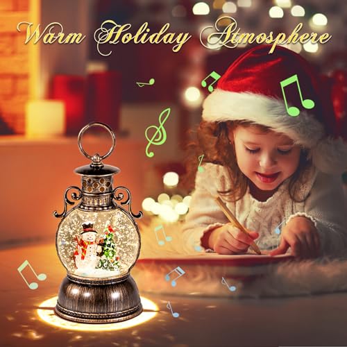 DGSCAK Christmas Snow Globes Lantern Musical,6H Timer Cylinder Glitter Snow Globe,Bronze Snow Globes Christmas with Music Box Including 8 Songs,Lantern with Xmas Tree Snowman Decor - Image 3
