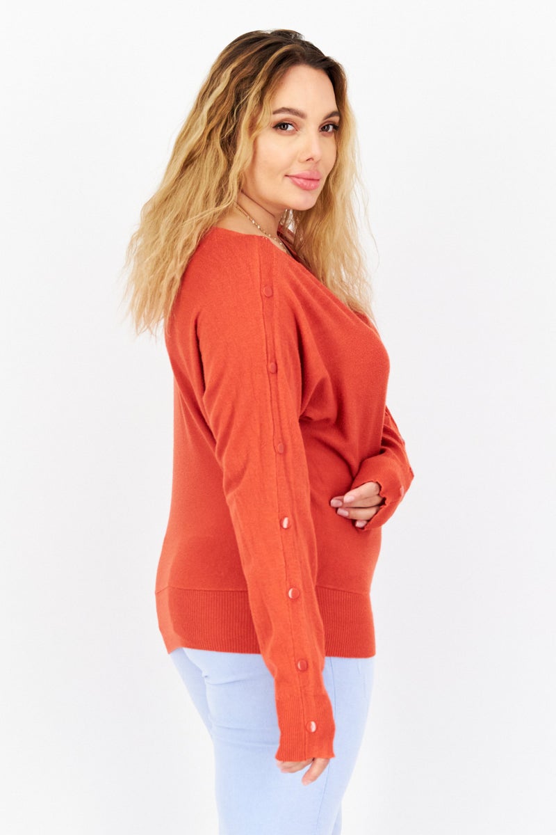 CARMEN MARC VALVO Women Boat Neck Knitted Sweaters, Dark Orange - Image 2