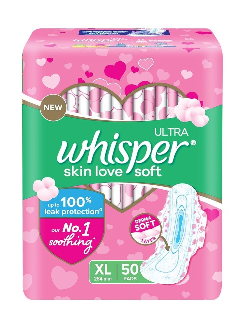 Whisper ultra skin love soft SANITARY PADS, 50 XL PADS, COTTONY SOFT, OUR #1 SOFTNESS, IRRITATION FREE, FOR INTIMATE SKIN, DISPOSABLE WRAPPER - Image 1
