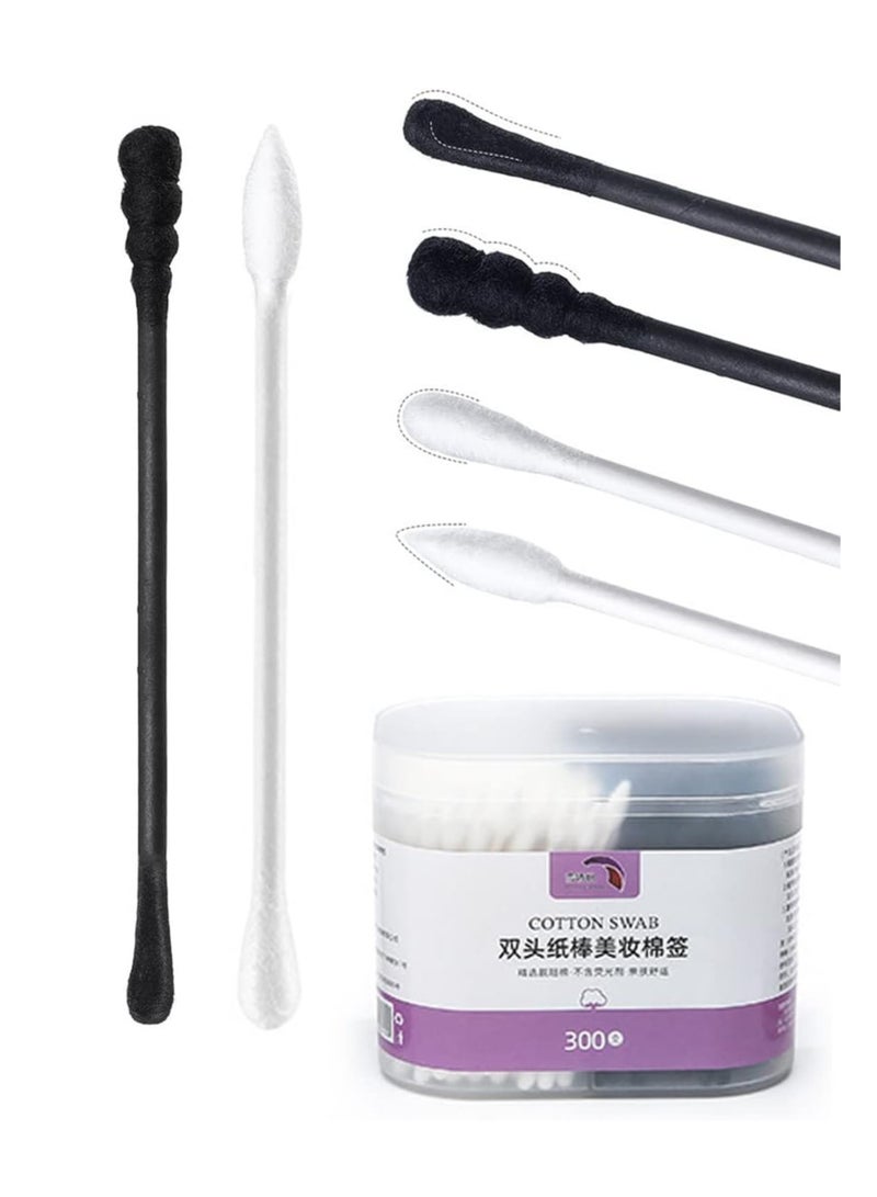 ECVV 300Pcs Double Ended Cotton Swabs Spiral Head Cotton Tips Multipurpose Ear Spoon Cotton Buds with Paper Stick for Makeup Cleaning (White & Black)  - Image 1
