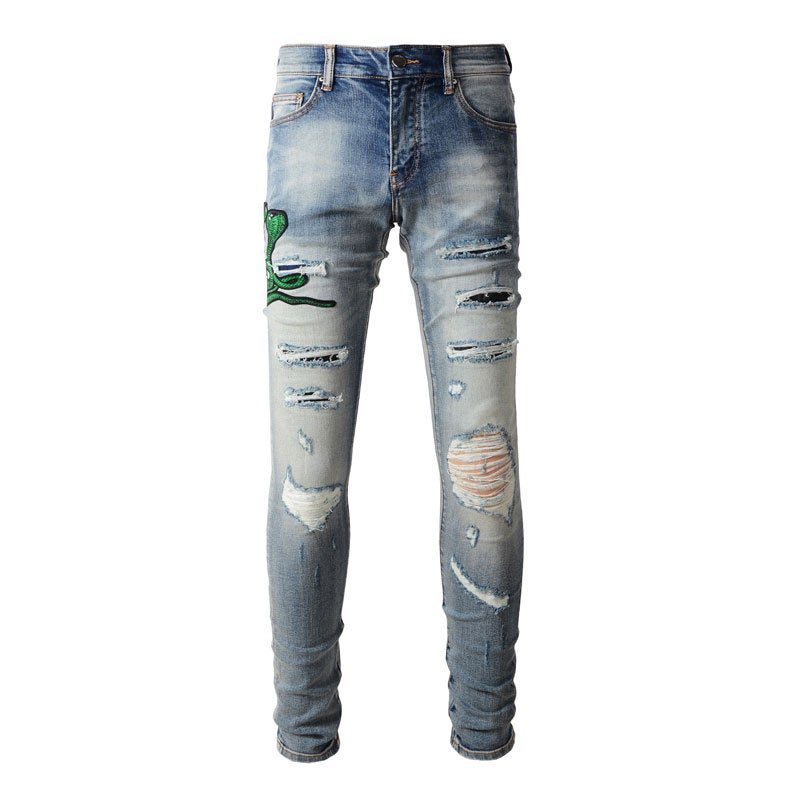 Street Fashion Skinny Ripped Patched Jeans for Men Old Blue 