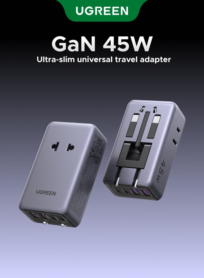يو جرين يوجرين محول سفر عالمي 6 في 1 بتقنية GaN وقدرة 45 واط، محول فيش دولي مع منفذي USB-C ومنفذي USB-A و ومنفذي AC مقابس Type A وC وG وI للسفر grey - Image 1