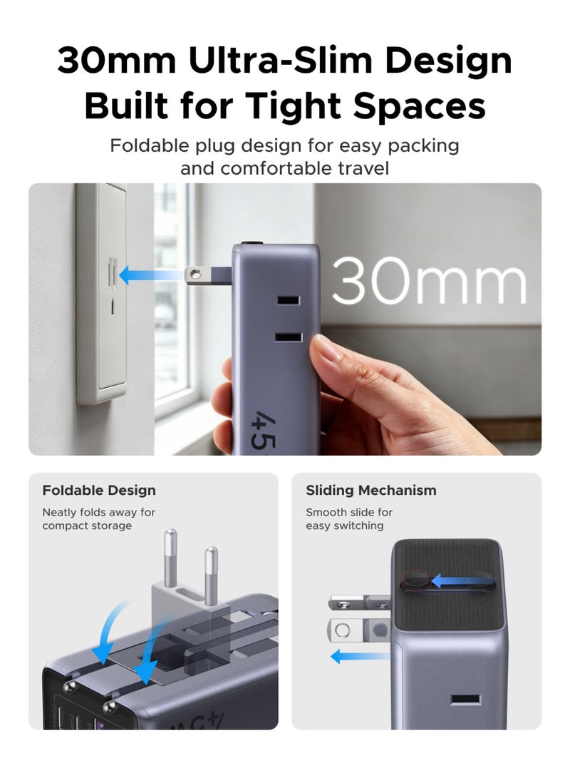 يو جرين يوجرين محول سفر عالمي 6 في 1 بتقنية GaN وقدرة 45 واط، محول فيش دولي مع منفذي USB-C ومنفذي USB-A و ومنفذي AC مقابس Type A وC وG وI للسفر grey - Image 5