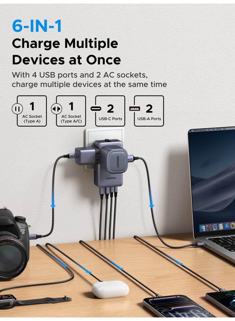 يو جرين يوجرين محول سفر عالمي 6 في 1 بتقنية GaN وقدرة 45 واط، محول فيش دولي مع منفذي USB-C ومنفذي USB-A و ومنفذي AC مقابس Type A وC وG وI للسفر grey - Image 4