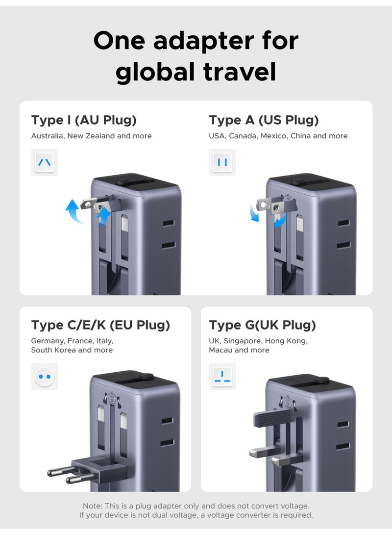 يو جرين يوجرين محول سفر عالمي 6 في 1 بتقنية GaN وقدرة 45 واط، محول فيش دولي مع منفذي USB-C ومنفذي USB-A و ومنفذي AC مقابس Type A وC وG وI للسفر grey - Image 3