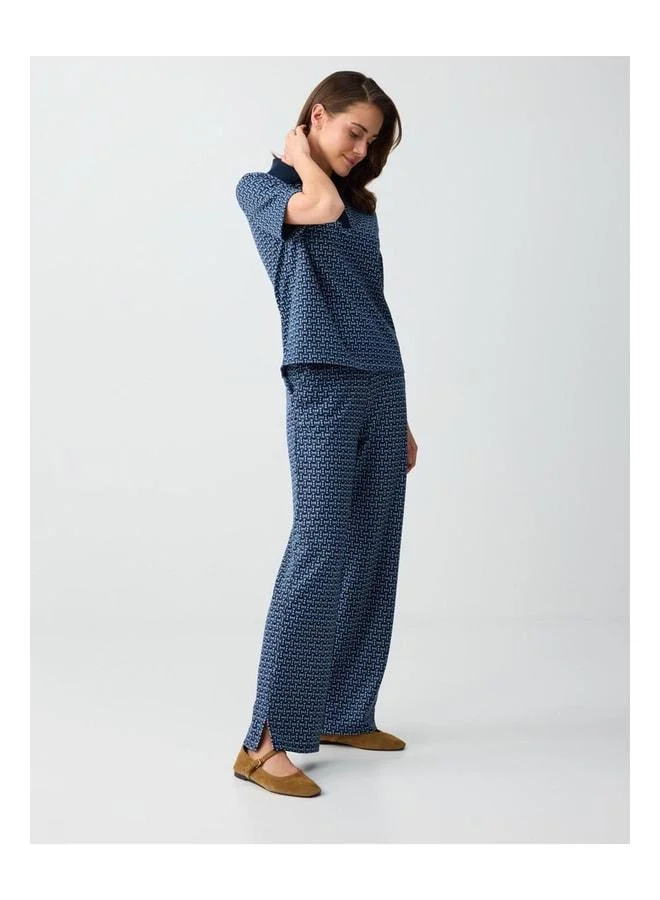 Jimmy Key Navy Blue Wide Leg Normal Waist Geometric Pattern Knit Pants.